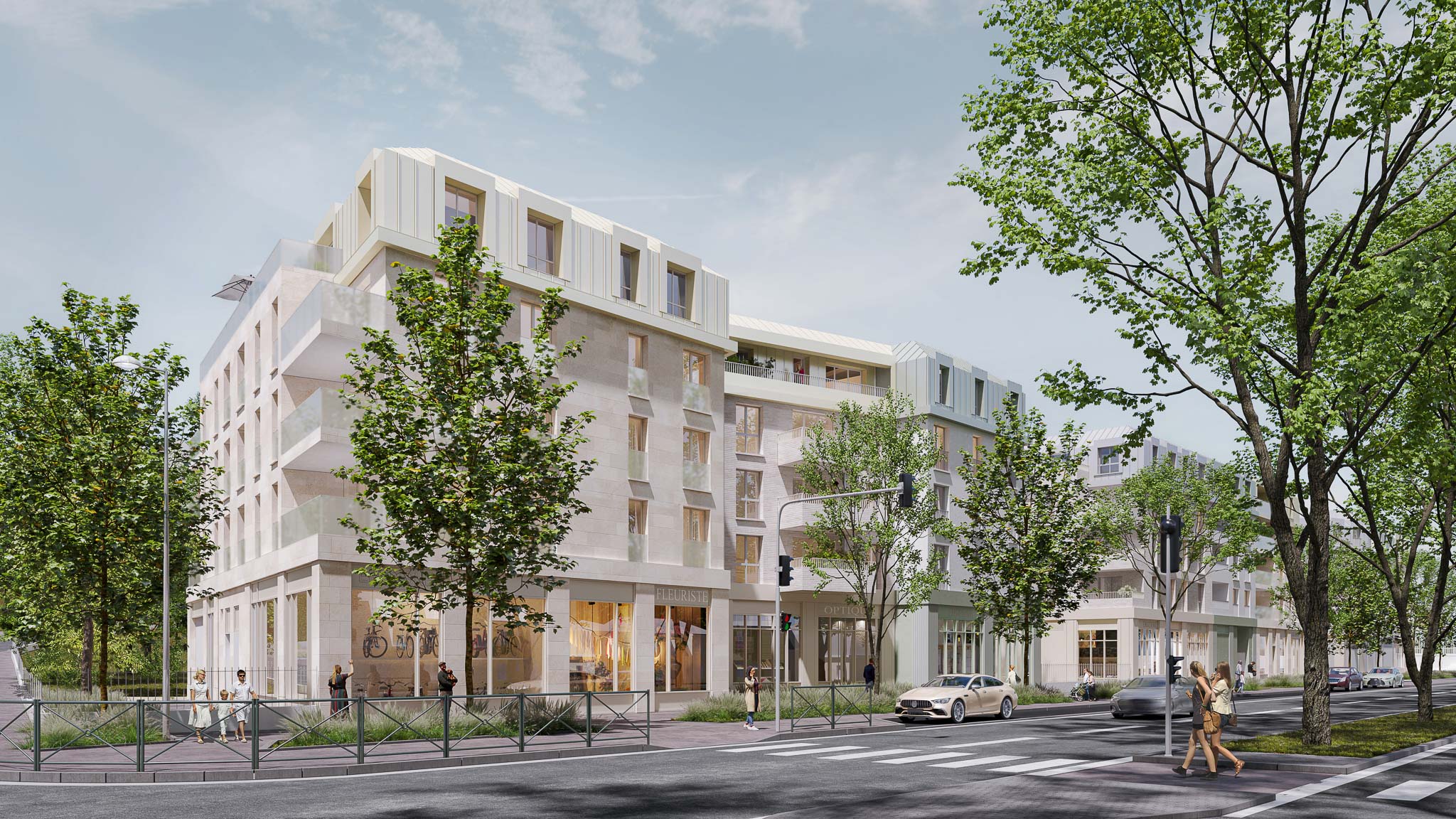 Perspective urbaine d'un ensemble de logements collectifs au Port-Marly (78), avec commerces en rez-de-chaussée, architecture contemporaine, façades en pierre claire et toitures en zinc.